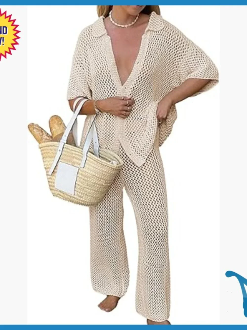 Medium Acrylic Hollow Out Swimsuit Cover Up Set with Button Top Drawstring Pants